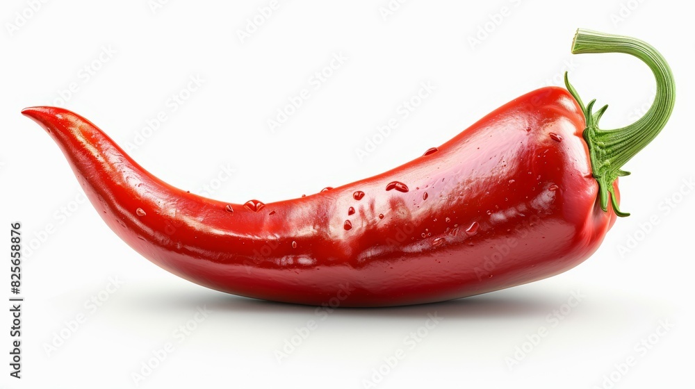 A red pepper is shown in its natural form, with the stem still attached A red pepper is shown in its natural form, with the stem still attached