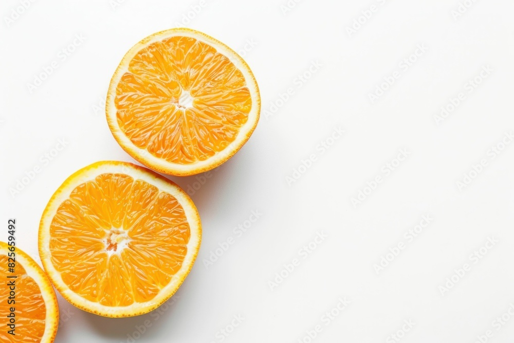 Fresh and vibrant orange slices on a clean white surface, perfect for summer recipes and healthy eating promotion Fresh and vibrant orange slices on a clean white surface, perfect for summer recipes and healthy eating promotion