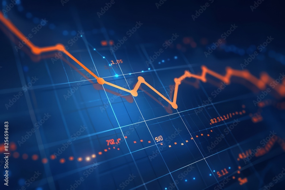 Naklejka premium Stock market chart, numbers and orange upward line, blue background