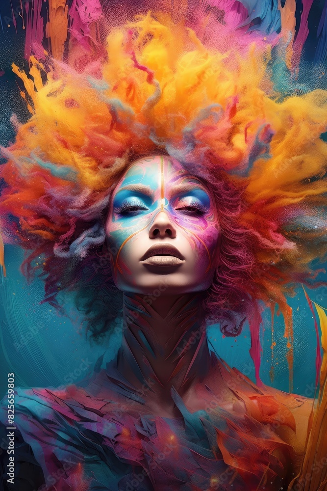 Vertical of surreal portrait with vibrant colors depicting a woman face merging with a cosmic explosion. Portrait of female surrounded with explosion of vibrant color. Psychedelic concept. AIG35.