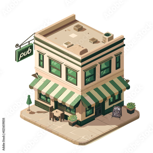 A small pub with a striped awning and a sign that says "pub"