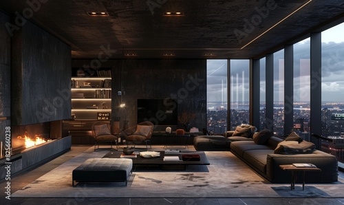 Modern interior of living room with fireplace, dark gray concrete walls and brown wooden furniture. Luxury home design in loft apartment with panoramic windows overlooking the city photo
