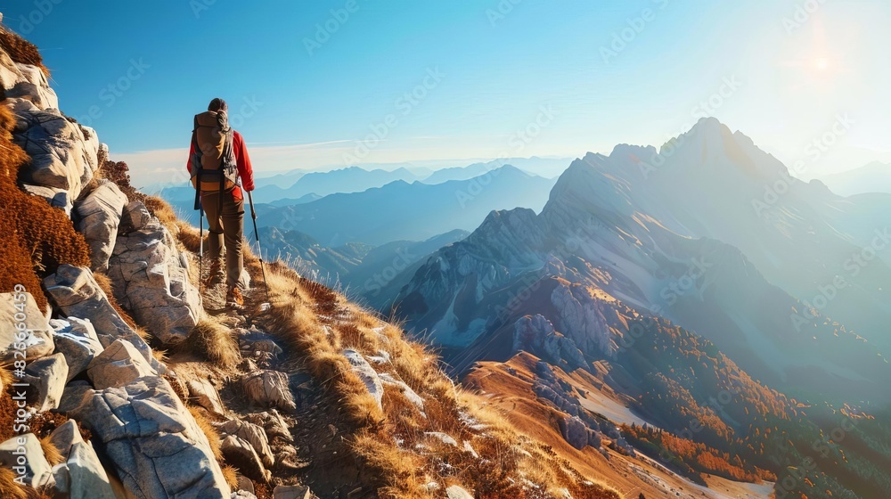 Hiking adventure on a rugged mountain trail Hiking adventure on a rugged mountain trail