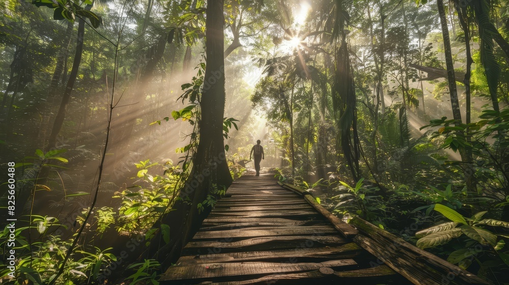 Hiking adventure through a dense forest Hiking adventure through a dense forest