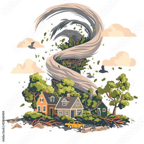 cartoon illustration of a destructive tornado ravaging a neighborhood