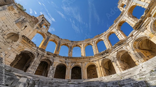 Historical landmark of a Roman amphitheater, wellpreserved ruins, clear blue sky, sense of ancient civilization and grandeur, highresolution archaeological photography, Close up photo