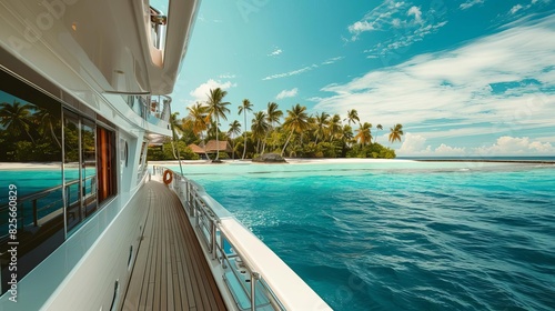 Luxury yacht anchored near a tropical island