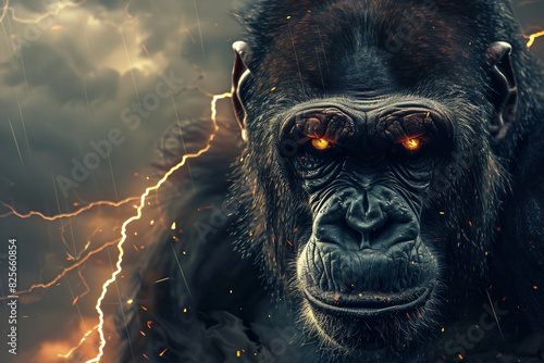 A close up of a gorilla with yellow eyes and a lightning bolt in the background