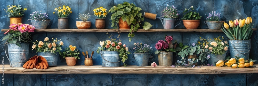 gardening tools like trowels, gloves and watering cans surrounded by spring flowers in full bloom . Web banner. gardening tools like trowels, gloves and watering cans surrounded by spring flowers in full bloom . Web banner.