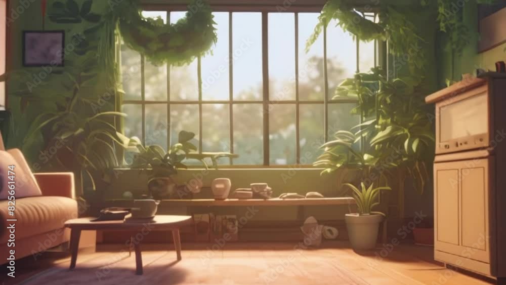 stream overlay loop, cozy lo-fi living room with greenery and cat sleeping on the floor, vtuber asset twitch zoom OBS screen stream overlay loop, cozy lo-fi living room with greenery and cat sleeping on the floor, vtuber asset twitch zoom OBS screen