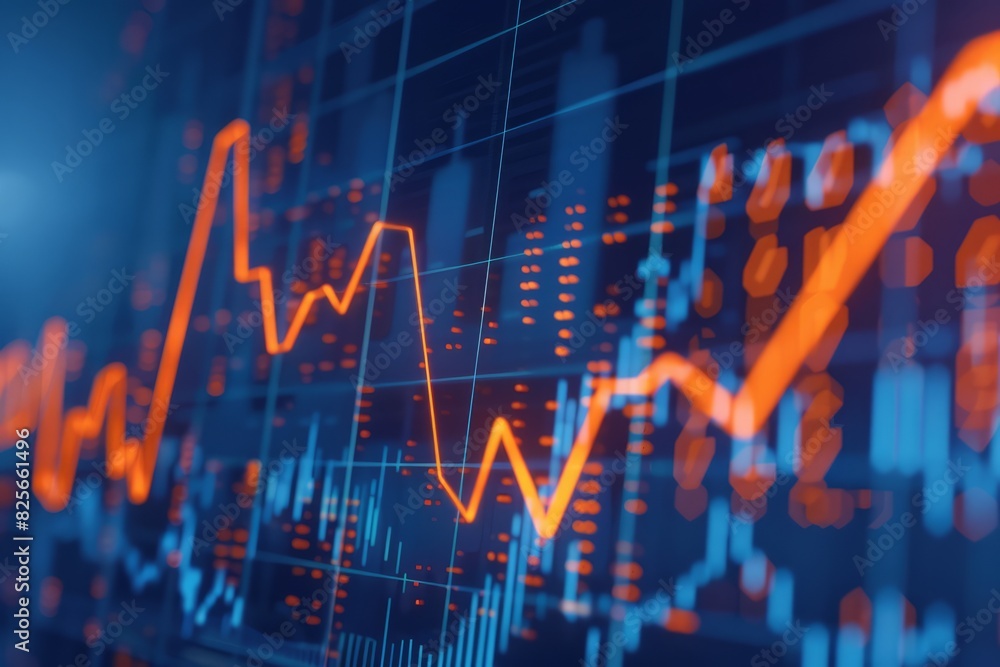 Stock market chart, numbers and orange upward line, blue background Stock market chart, numbers and orange upward line, blue background