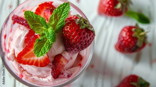 Close-Up of Strawberry Ice Cream in Glass Topped with Fresh Strawberries and Mint Leaves Against White Wooden Background Concept Fresh and Delicious Dessert.
