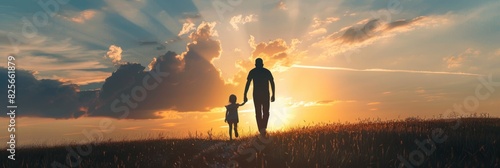 silhouette father with little daughter walk at sunset. father's day background concept photo