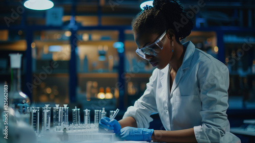 Female scientist writing notes while conducting an experiment in a lab