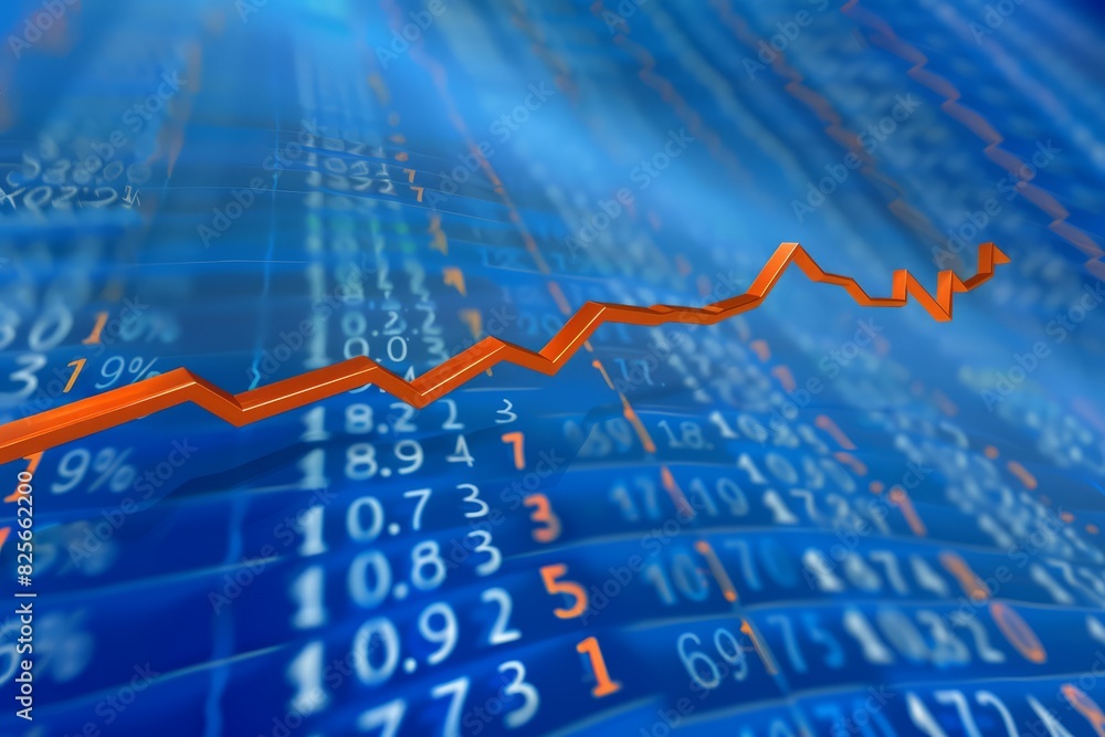 Stock market chart, numbers and orange upward line, blue background Stock market chart, numbers and orange upward line, blue background