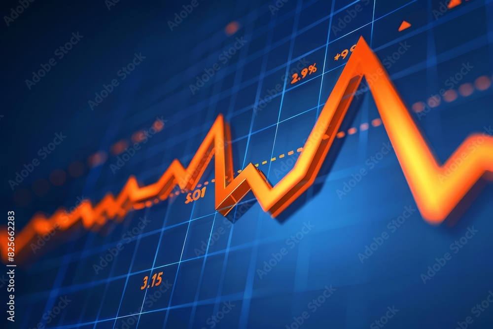 Stock market chart, numbers and orange upward line, blue background Stock market chart, numbers and orange upward line, blue background