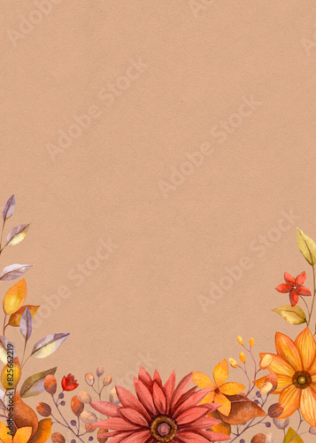 Fall frame rectangular with watercolor flowers. Vertical background of hand drawn autumn floral illustration with branches and botanical elements. Textured craft paper for card and invitations.