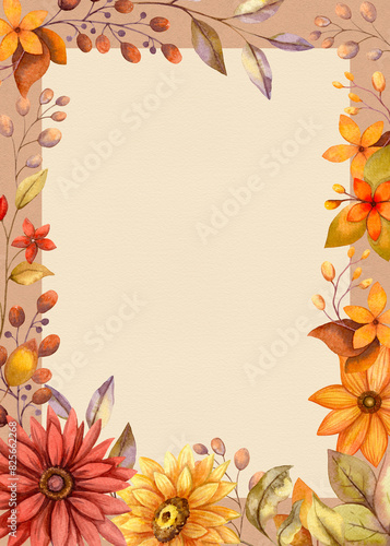 Rectangular frame with fall watercolor flowers. Vertical background of hand drawn autumn floral illustration with branches and botanical elements. Textured craft paper for card and invitations.