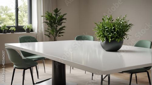 A close-up shot of a conference table with plant in potted. Close up