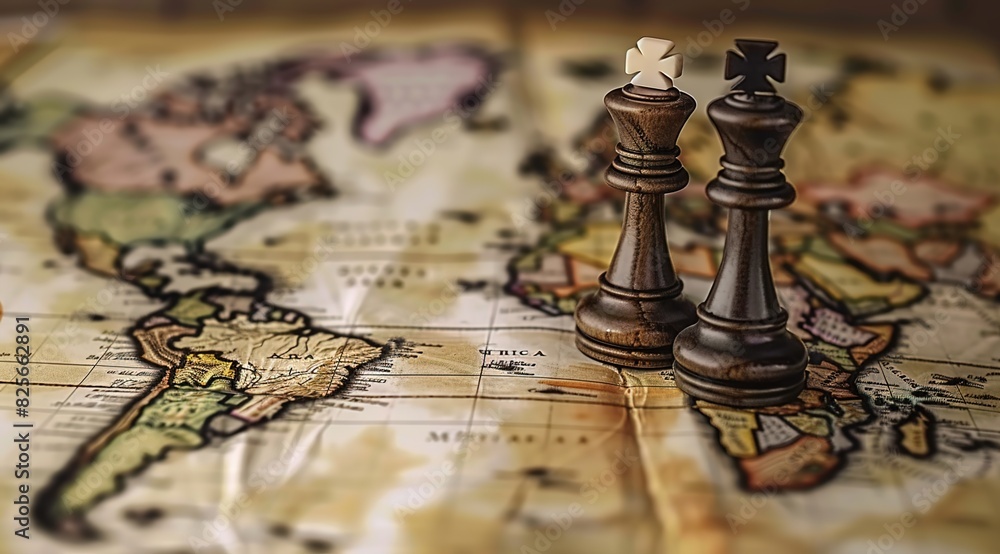 A close-up of chess pieces on an Old World map A close-up of chess pieces on an Old World map