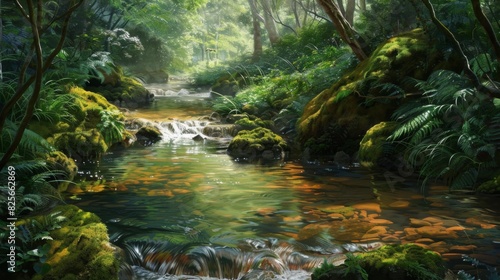 Lush Forest Stream with Vibrant Fish