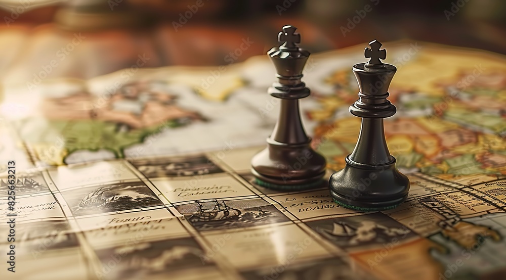 A close-up of chess pieces on an Old World map A close-up of chess pieces on an Old World map