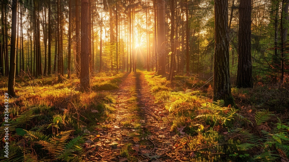 Fototapeta premium Sunlit Forest Path with Golden Light