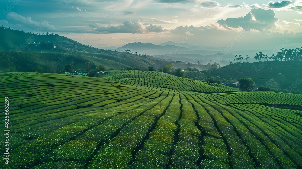 Visualize an aerial scene of a lush tea plantation on rolling hills, with neat rows of tea bushes extending to the horizon under a partly cloudy sky