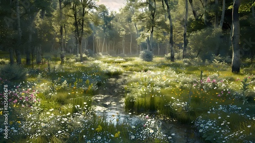 Visualize an aerial scene of a tranquil forest clearing, with sunlight filtering through tall trees onto a carpet of wildflowers and a meandering stream