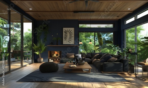 modern living room interior with dark blue walls, wooden floor and ceiling, black sofa near fireplace © wanna