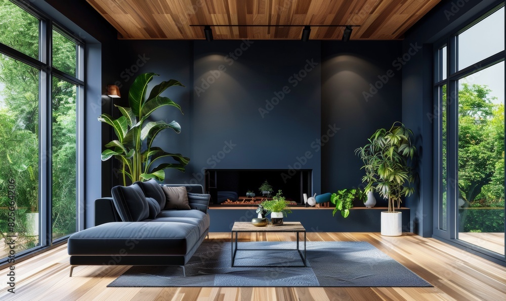 modern living room interior with dark blue walls, wooden floor and ceiling, black sofa near fireplace modern living room interior with dark blue walls, wooden floor and ceiling, black sofa near fireplace