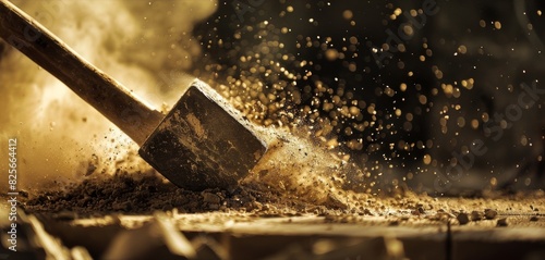 Dust flying as a brick hammer strikes a perfectly chiseled piece into position. photo