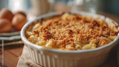 A creamy rich mac and cheese casserole baked with a crispy breadcrumb topping satisfies even the pickiest of eaters. photo