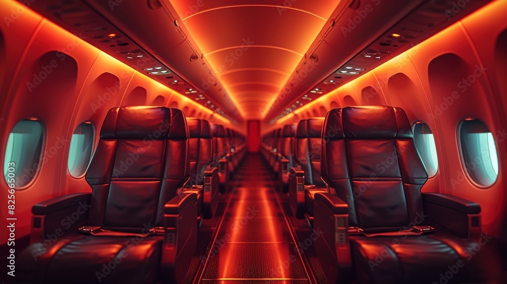 The interior of the business class section in commercial airplane. Comfort and luxury. Aesthetic design. Generative AI The interior of the business class section in commercial airplane. Comfort and luxury. Aesthetic design. Generative AI