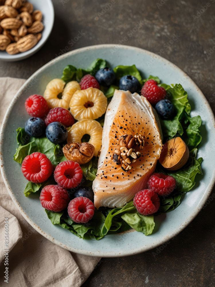 A plate filled with kidney-friendly foods, such as leafy greens, berries, fish, and nuts, highlighting the role of nutrition in maintaining kidney health. with Generative AI Technology A plate filled with kidney-friendly foods, such as leafy greens, berries, fish, and nuts, highlighting the role of nutrition in maintaining kidney health. with Generative AI Technology
