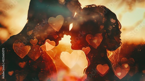 loving gaze, warm smile, tender affection, close up, focus on, copy space, warm tones, Double exposure silhouette with heart