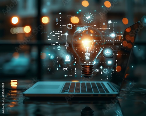 Closeup photo of business innovation with a lightbulb glowing above a laptop, gears and tech icons surrounding it photo