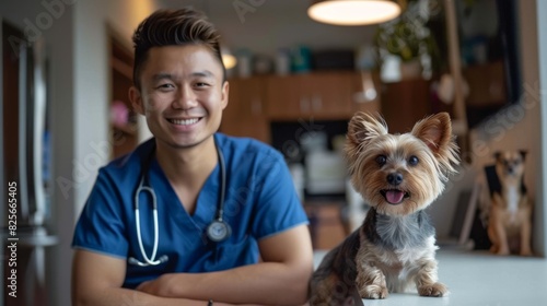 Doctor smiling beside a small dog on the examination table in a clinic. comforting and professional, ensuring a positive experience for both pets and their owners.