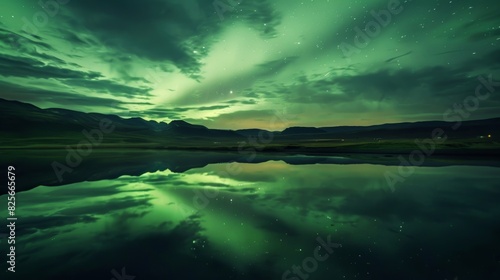 The Northern Lights painting the night sky with a magnificent canvas mirrored in the stillness of a serene lake.