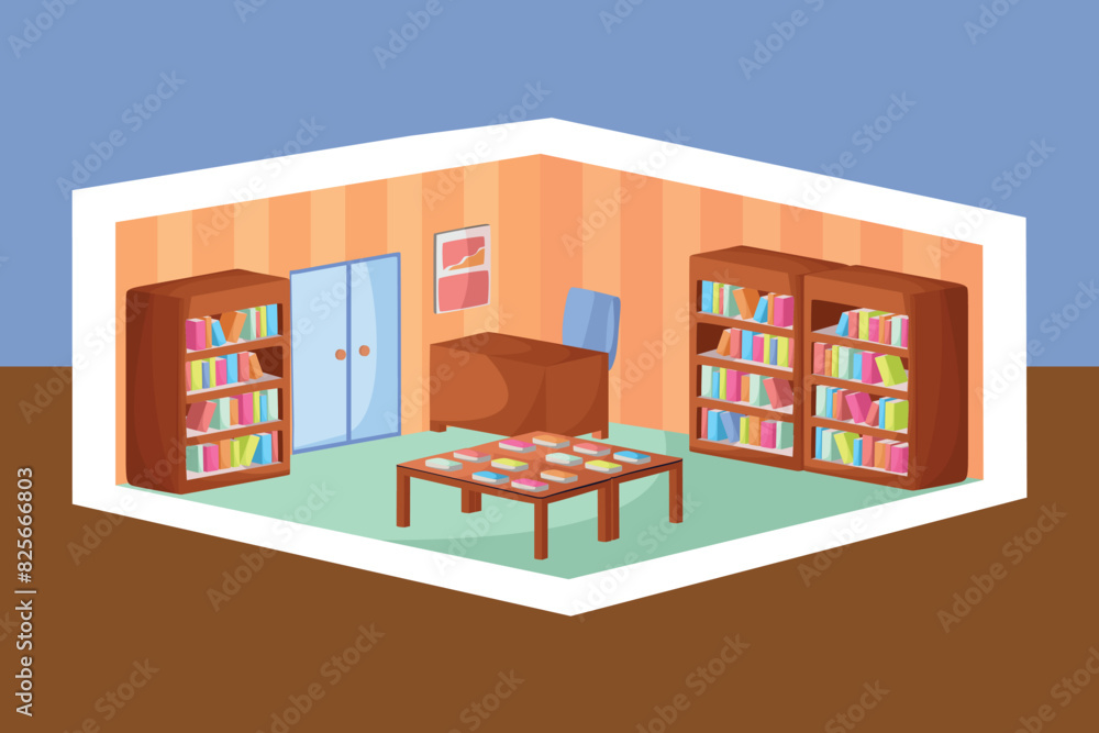 Library or Bookstore Bright Colorful Interior 3 D Perspective