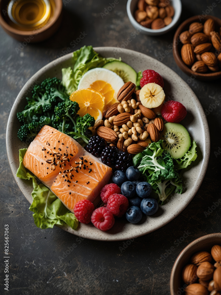 A plate filled with kidney-friendly foods, such as leafy greens, berries, fish, and nuts, highlighting the role of nutrition in maintaining kidney health. with Generative AI Technology A plate filled with kidney-friendly foods, such as leafy greens, berries, fish, and nuts, highlighting the role of nutrition in maintaining kidney health. with Generative AI Technology