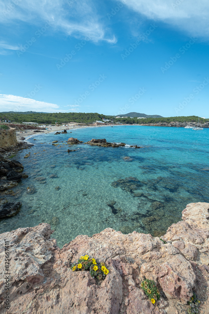 Panorama on the tourist beach of Cala Nova on the island of Ibiza in summer 2024