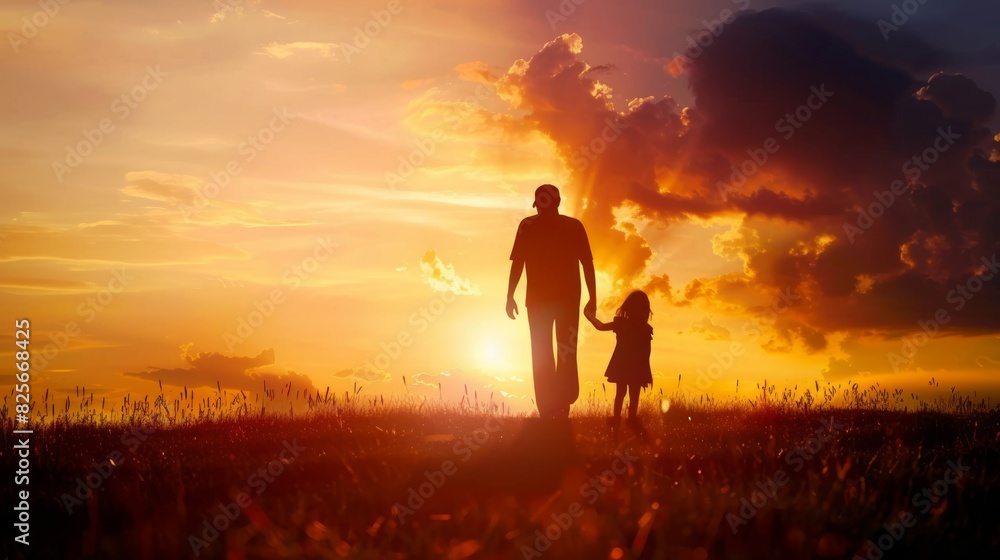 silhouette father with little daughter walk at sunset. father's day background concept silhouette father with little daughter walk at sunset. father's day background concept