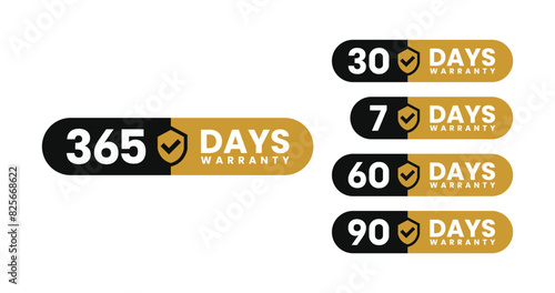 Minimalist and elegant Vector warranty shield with checklist label icon set. Black and gold. Number of days 7, 30, 60, 90, 365. vector eps