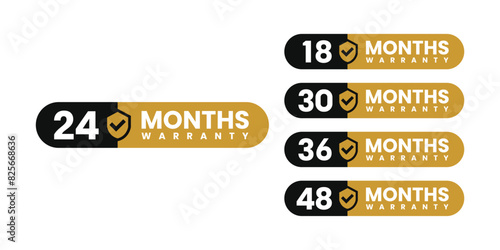 Minimalist and elegant Vector warranty shield with checklist label icon set. Black and gold. number of months 18, 24, 30, 36, 48. vector eps
