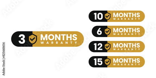 Minimalist and elegant Vector warranty shield with checklist label icon set. Black and gold. number of months 3, 6, 10, 12, 15. vector eps
