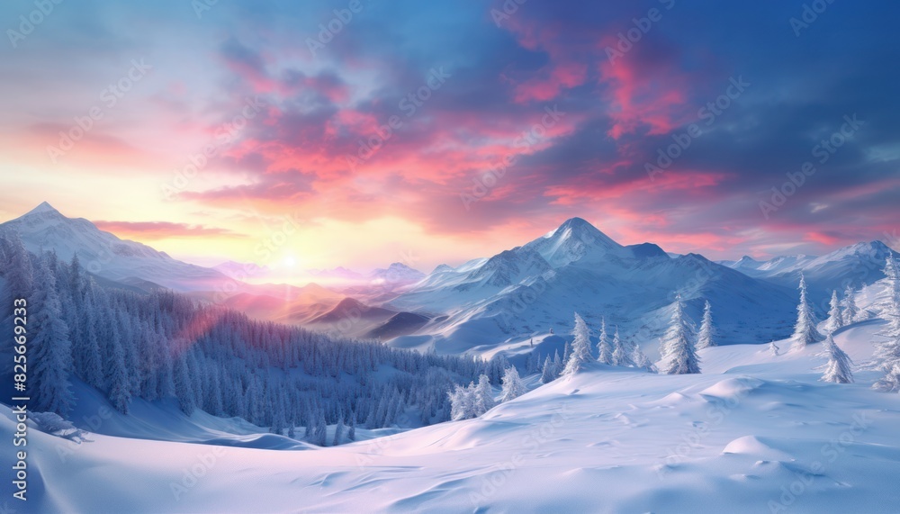 A stunning dramatic sky with vibrant snow winter frozen mountains landscape, beautiful sunset view, cool place in Antarctica