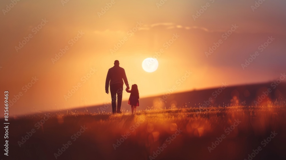Fototapeta premium silhouette father with little daughter walk at sunset. father's day background concept