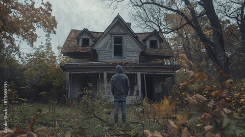 Vintage style of a person standing in front or behind an old, abandoned house surrounded by overgrown vegetation and trees with a mysterious atmosphere. The individual is wearing casual such as jeans © Pnitha