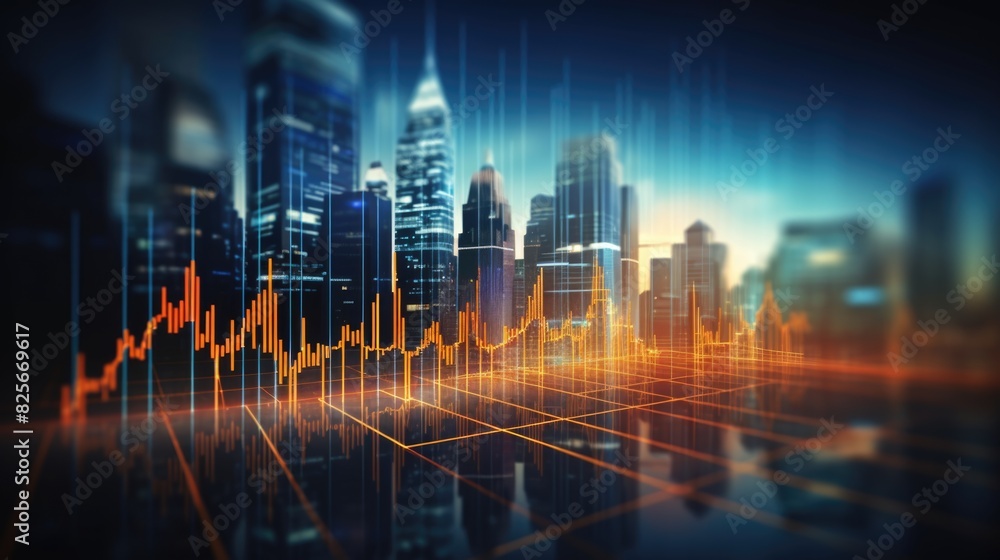 View of stock market expansion, business investment, and data analysis concept featuring digital financial charts, graphs, and indicators against a dark blue blurred background View of stock market expansion, business investment, and data analysis concept featuring digital financial charts, graphs, and indicators against a dark blue blurred background